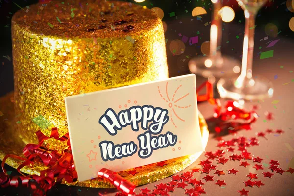 Feliz año nuevo tarjeta en sombrero de oro — Foto de Stock