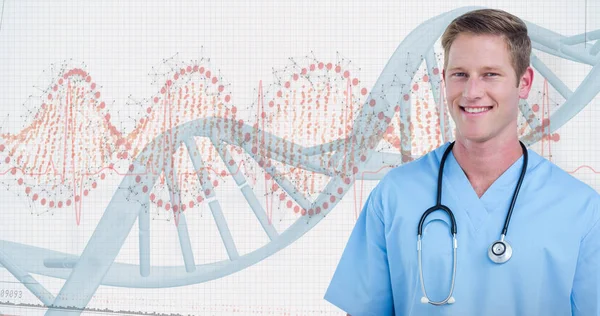 Chirurg lächelt gegen Blick auf rote Dna — Stockfoto