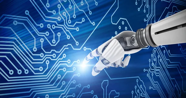 Robot arm pointing at circuit board — Stock Photo, Image