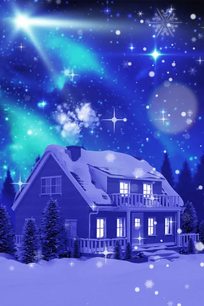 Светлый бирюзовый дом, покрытый снегом — стоковое фото