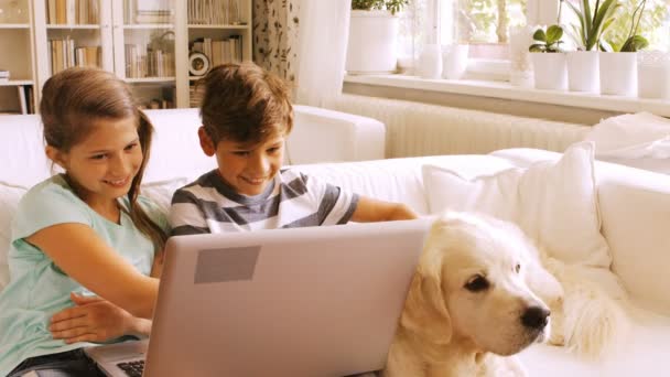 Bambini che usano il computer portatile sul divano in soggiorno — Video Stock