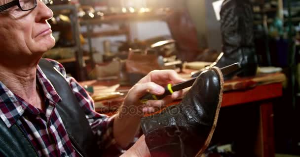 Skomakare reparera en sko — Stockvideo