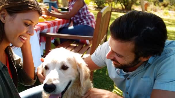 Sonriente pareja con el perro — Vídeo de stock