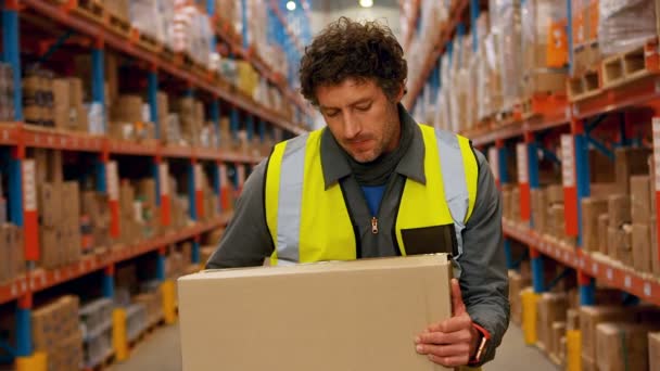 Trabalhador masculino verificando caixa de papelão — Vídeo de Stock