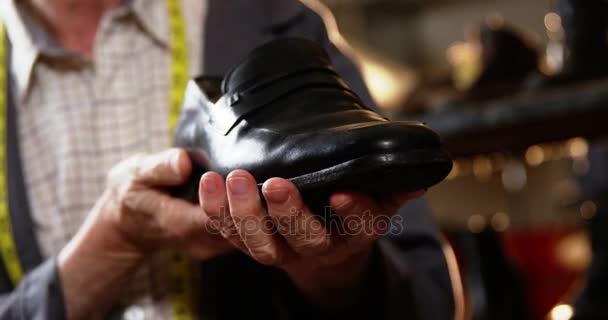 Fabricant de chaussures examinant une chaussure — Video