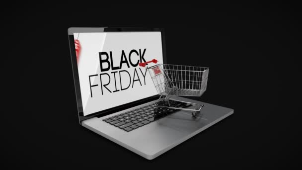 Czarny piątek logo na laptopie z wózka na zakupy — Wideo stockowe
