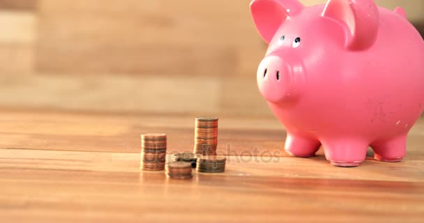 Vrouw zetten munt in Piggy Bank — Stockvideo