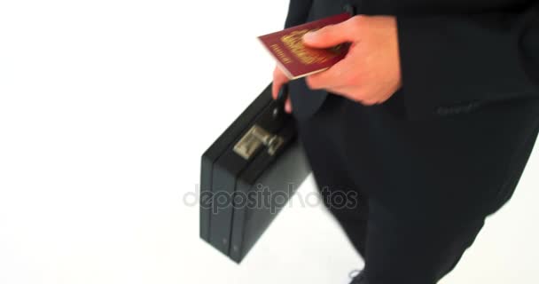 Uomo d'affari in possesso di valigetta e passaporto — Video Stock