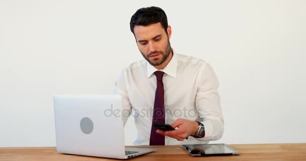 Zakenman achter zijn bureau met behulp van laptop — Stockvideo