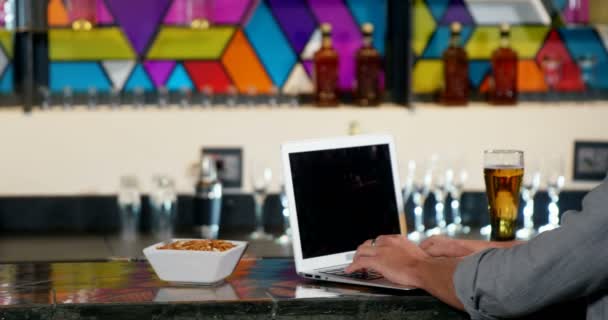 Man met laptop terwijl het hebben van een biertje — Stockvideo