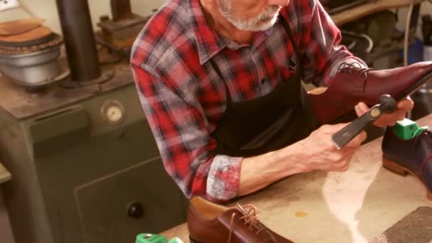 Schoenmaker hameren op een schoen — Stockvideo