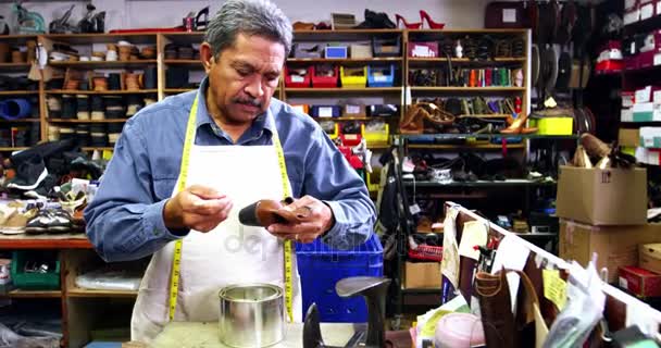 Schoenmaker lijm toe te passen op schoen — Stockvideo