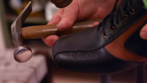 Cobbler martillando en un zapato — Vídeos de Stock