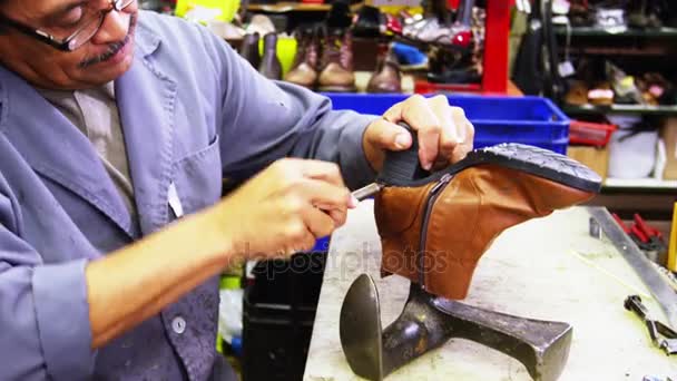 Cobbler examinando un zapato — Vídeos de Stock