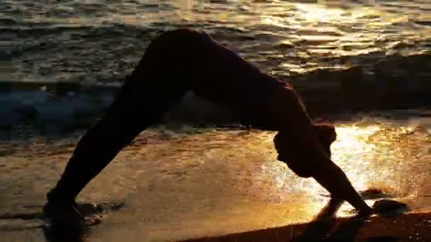 Женщина, занимающаяся йогой на пляже — стоковое видео