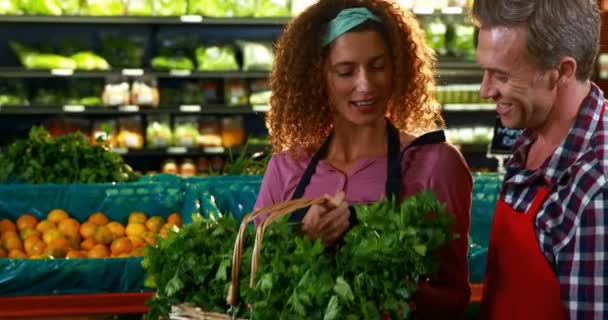 Staf yang tersenyum memeriksa sayuran — Stok Video