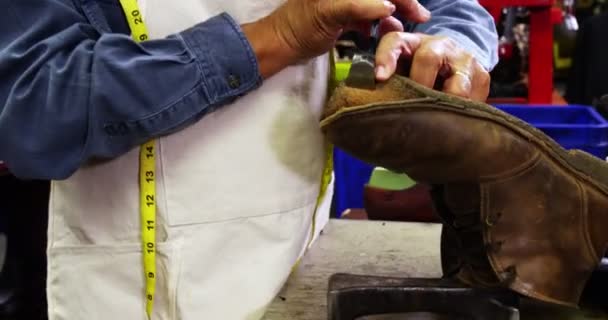 Сапожник чинит ботинок — стоковое видео