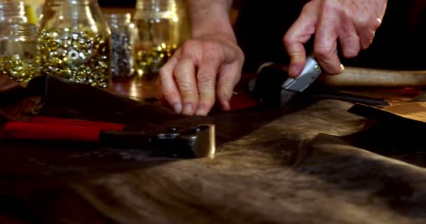 Shoemakers cutting a piece of leather — Stock Video