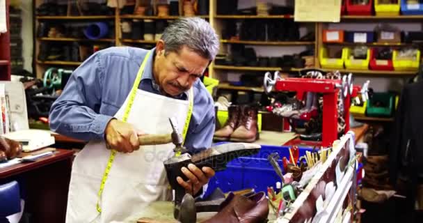 Cobbler fazendo sapatos com um martelo — Vídeo de Stock