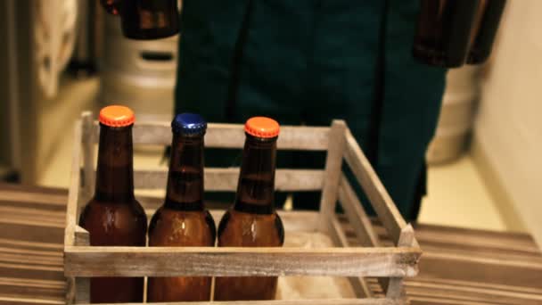 Cervecero poniendo botellas de cerveza — Vídeo de stock