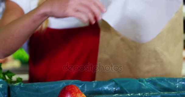 Mujer empacando frutas en bolsa de papel — Vídeo de stock