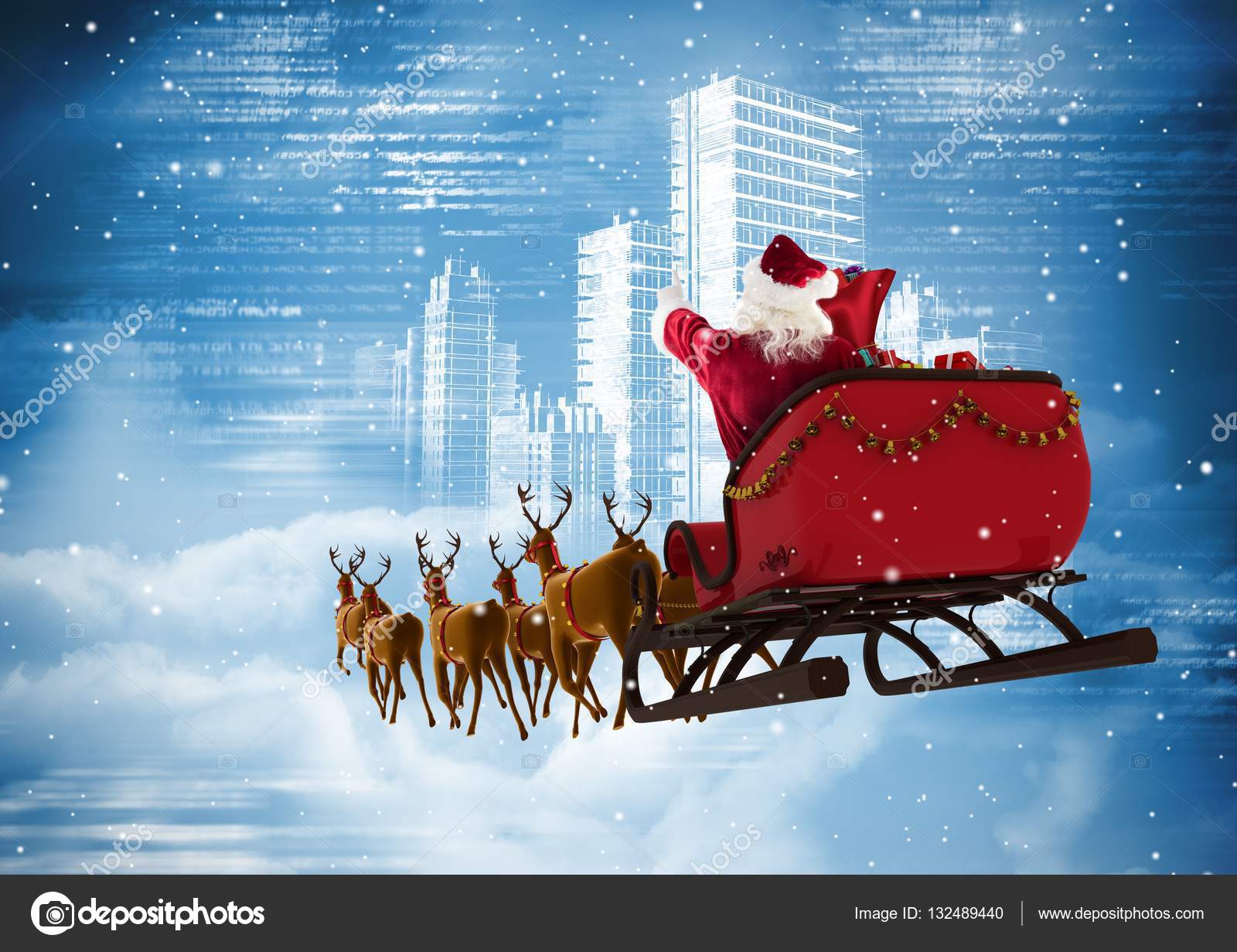 Santa Claus renos trineo contra ciudad del montar a caballo — Fotos de