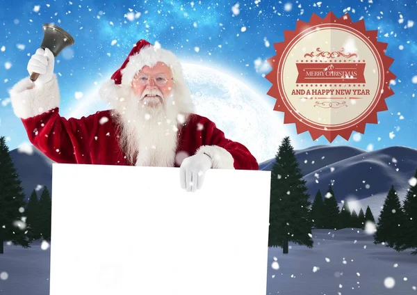 Papai Noel tocar um sino enquanto segurando cartaz — Fotografia de Stock