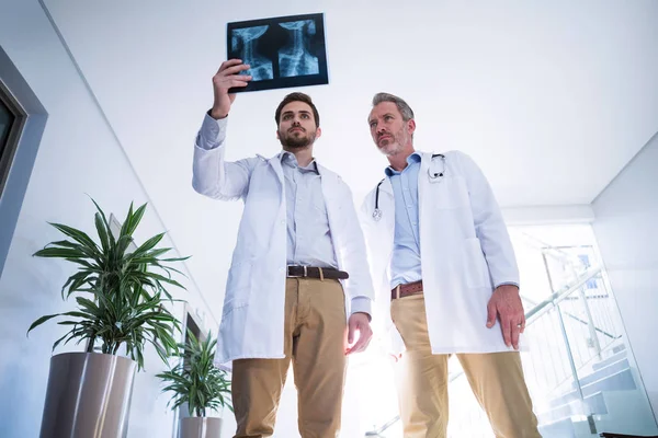 Lékaři s diskuse o rentgenové zprávy v chodbě — Stock fotografie