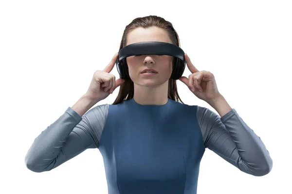 Mulher usando fone de ouvido realidade virtual — Fotografia de Stock