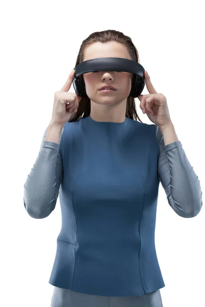 Mujer usando auriculares de realidad virtual — Foto de Stock