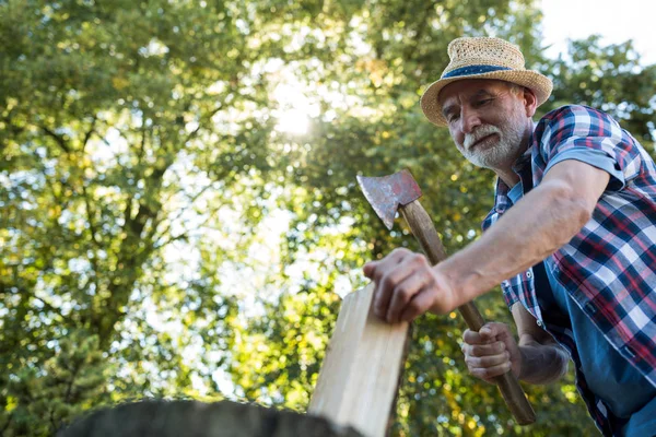 Hombre mayor cortando leña — Foto de Stock