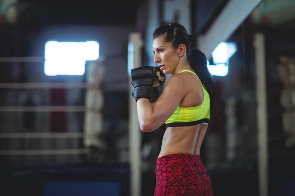 Vrouwelijke bokser presterende boksen houding — Stockfoto