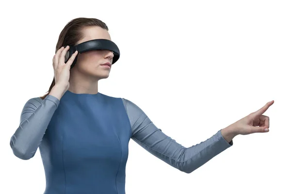 Жінка використовує гарнітуру віртуальної реальності — стокове фото