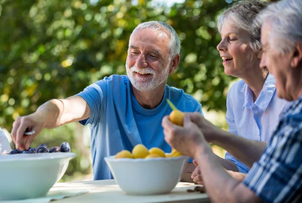 Senior couples removing seeds of apricot fruits — Stock Photo, Image