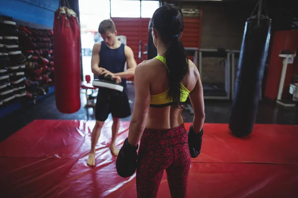 Ženské a mužské boxer stojící ve fitness studiu — Stock fotografie