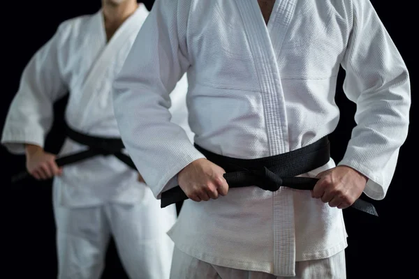 Dwa karateków wykonywania stanowisko karate — Zdjęcie stockowe