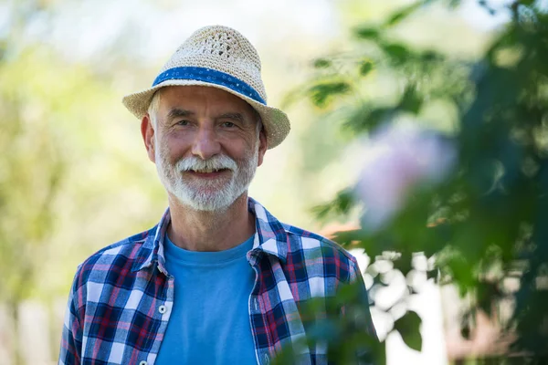 Uomo anziano in cappello in piedi in giardino — Foto Stock