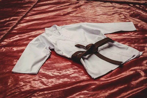 Karate egységes és barna öv — Stock Fotó