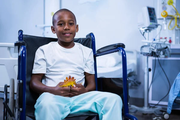 Boy sitting on wheelchair with toy — Stock Photo, Image