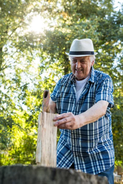 Senior homem cortando lenha — Fotografia de Stock