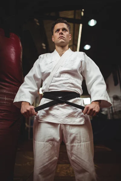 Karate jogador amarrando seu cinto — Fotografia de Stock