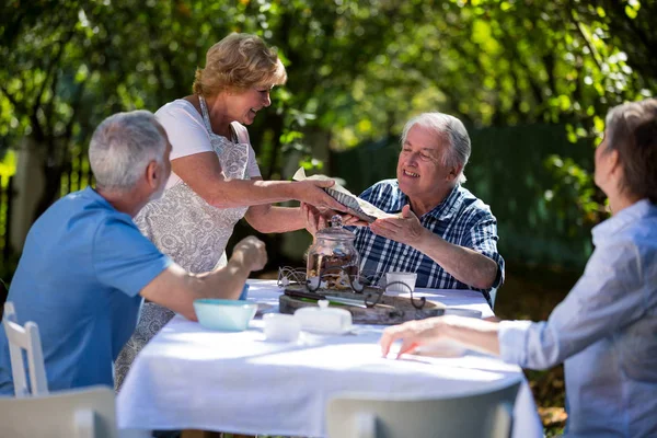 Senior paren ontbijten in de tuin — Stockfoto