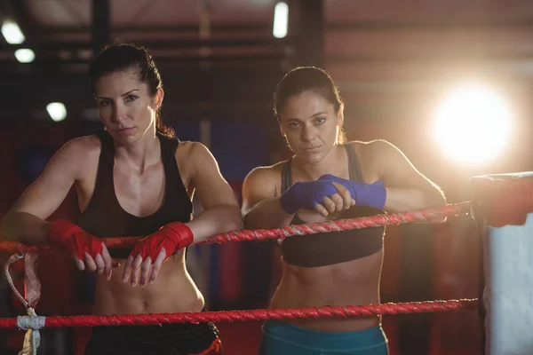 Two female boxers standing in boxing ring — Stock Photo, Image