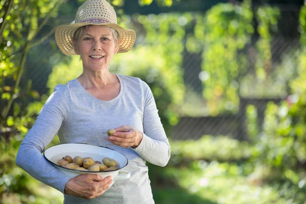 Senior woman carrying potatoes in a bowl — Stock Photo, Image