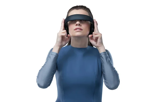 Žena používající headset virtuální reality — Stock fotografie