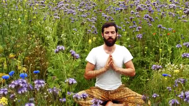 Man utför yoga på ett fält — Stockvideo