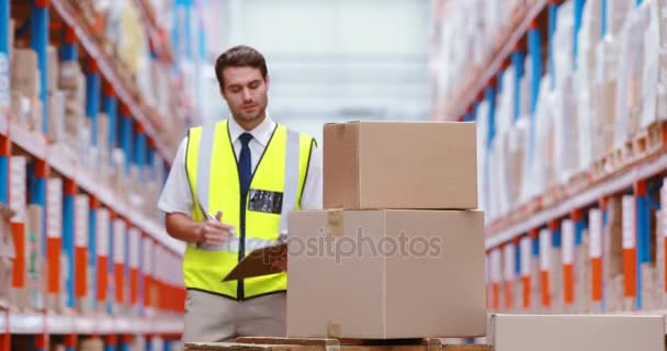 Trabajador de almacén mirando paquetes — Vídeos de Stock