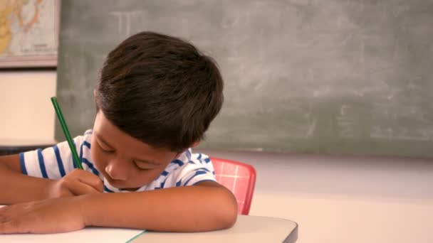 Внимательный школьник делает домашнее задание — стоковое видео