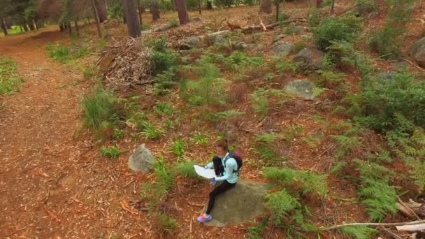 Excursionista femenino mirando el mapa — Vídeos de Stock
