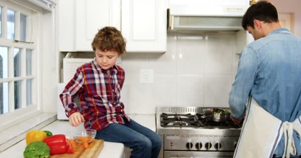 Мальчик помогает отцу во время готовки — стоковое видео